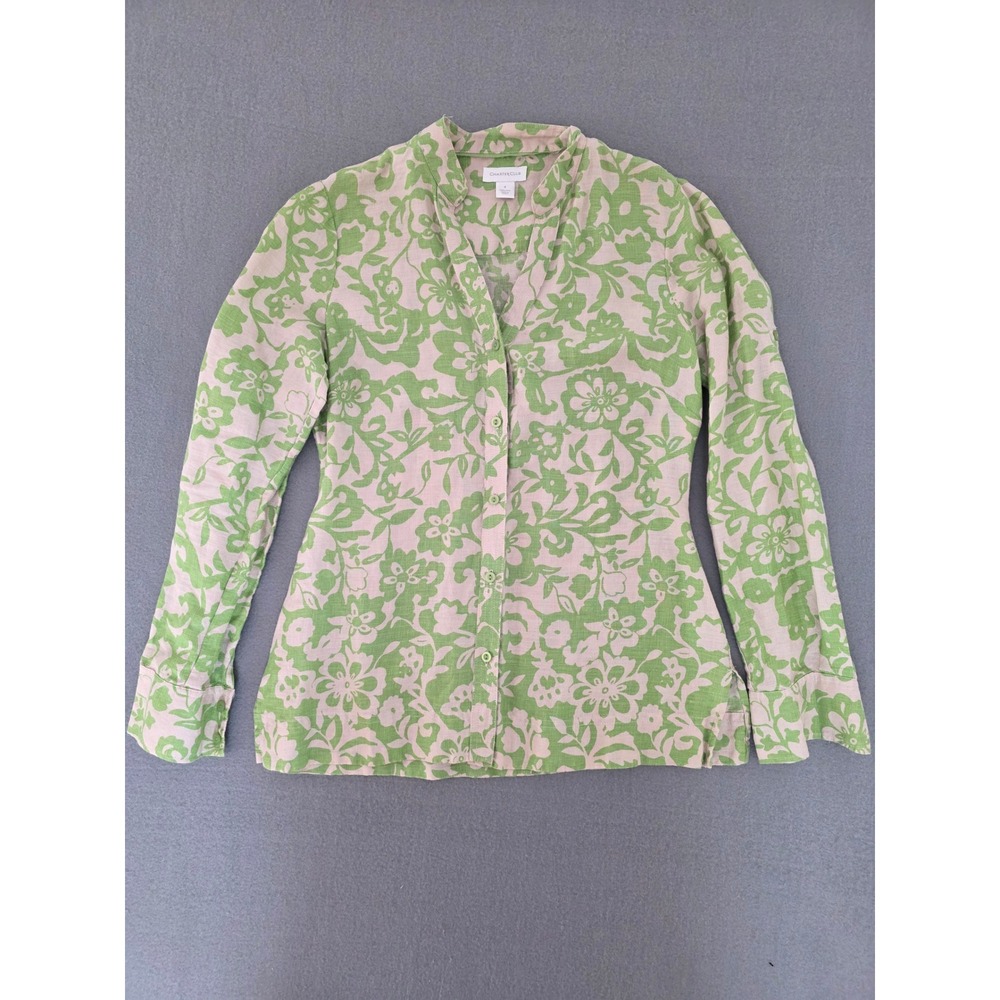 Charter Club Women Green Floral 100% Linen Button Down Blouse Size 4